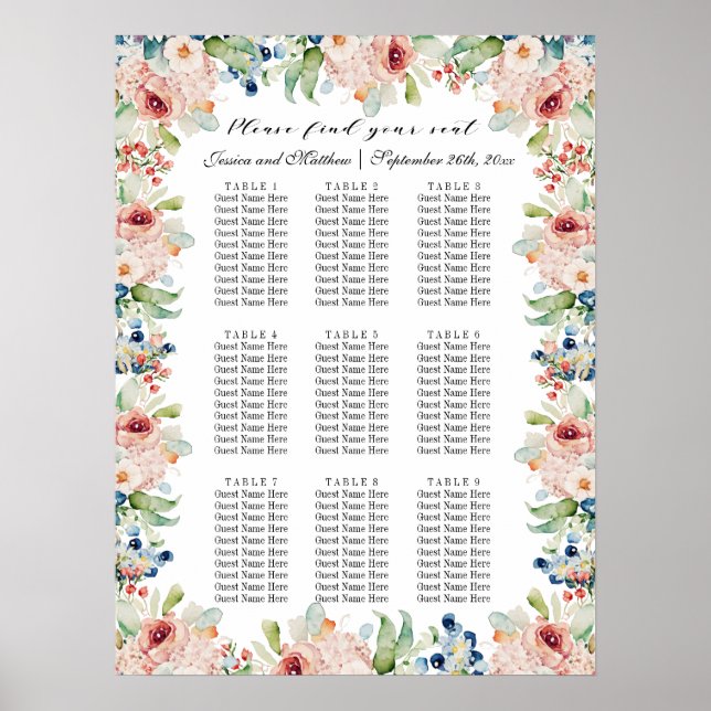 Vattenfärgning Blommigt 9 Bord Bröllop Poster (Framsidan)