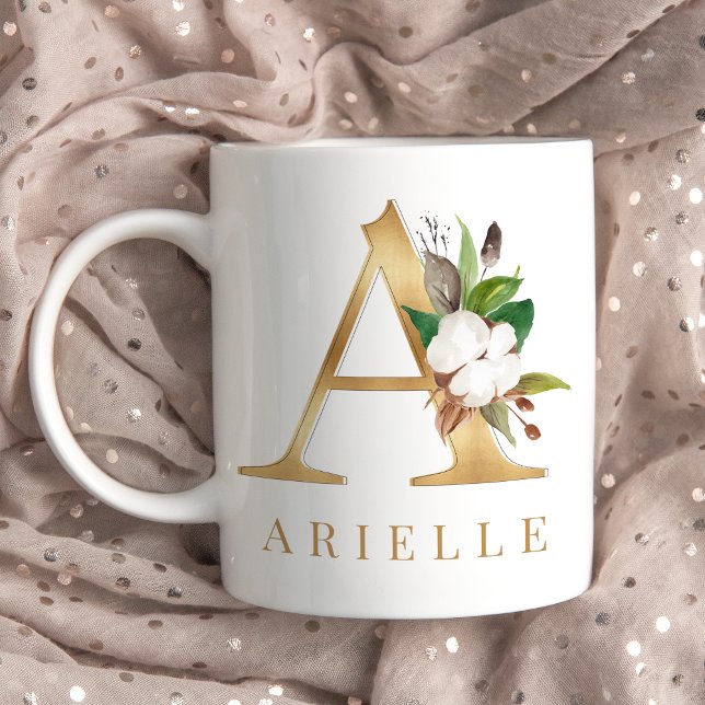 Vattenfärgning Blommigt och Guld Brev A Monogram Kaffemugg (Skapare uppladdad)