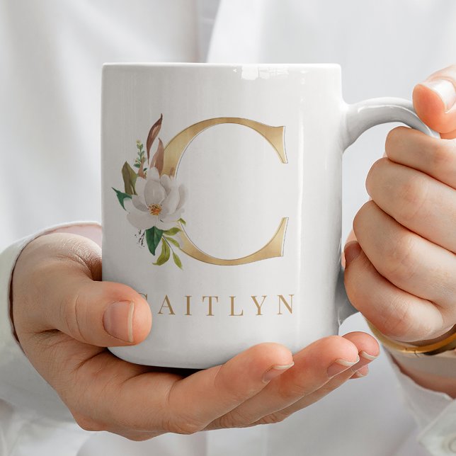 Vattenfärgning Blommigt och Guld Brev C Monogram Kaffemugg (Skapare uppladdad)