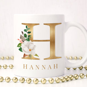 Vattenfärgning Blommigt och Guld Brev H Monogram Kaffemugg