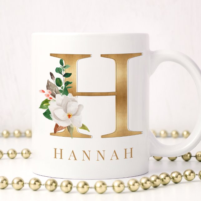 Vattenfärgning Blommigt och Guld Brev H Monogram Kaffemugg (Skapare uppladdad)
