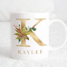 Vattenfärgning Blommigt och Guld Brev K Monogram Kaffemugg