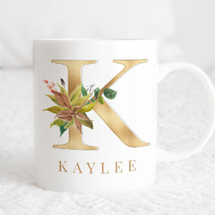 Vattenfärgning Blommigt och Guld Brev K Monogram Kaffemugg