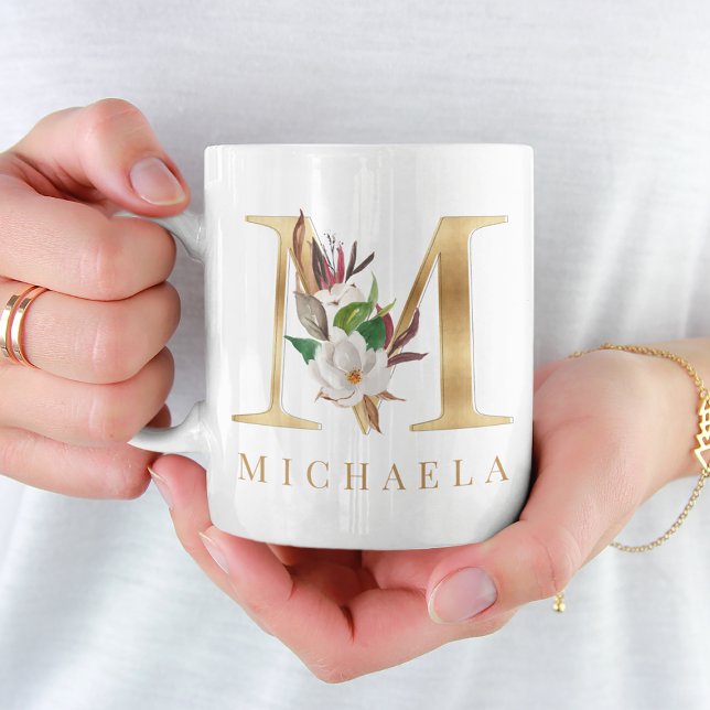 Vattenfärgning Blommigt och Guld Brev M Monogram Kaffemugg (Skapare uppladdad)