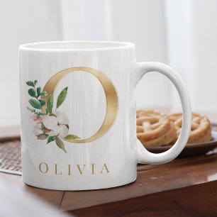 Vattenfärgning Blommigt och Guld Brev O Monogram Kaffemugg