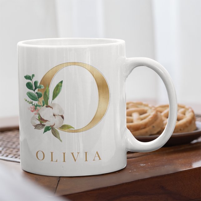 Vattenfärgning Blommigt och Guld Brev O Monogram Kaffemugg (Skapare uppladdad)