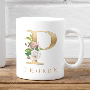 Vattenfärgning Blommigt och Guld Brev P Monogram Kaffemugg