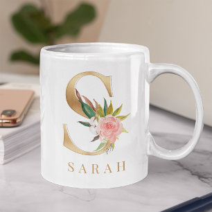 Vattenfärgning Blommigt och Guld Brev S Monogram Kaffemugg