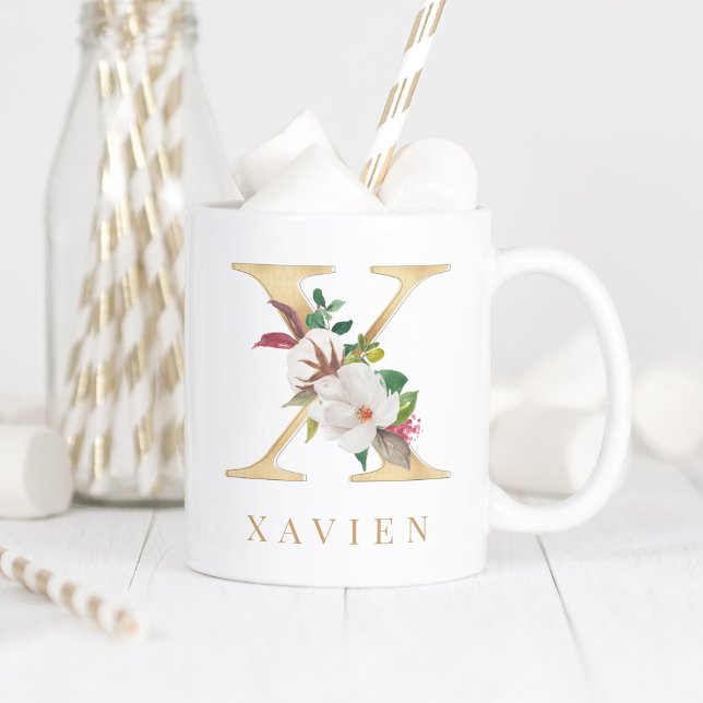 Vattenfärgning Blommigt och Guld Brev X Monogram Kaffemugg (Skapare uppladdad)