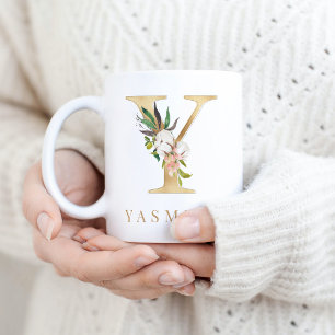 Vattenfärgning Blommigt och Guld Brev Y Monogram Kaffemugg