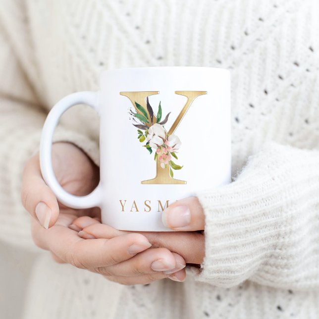 Vattenfärgning Blommigt och Guld Brev Y Monogram Kaffemugg (Skapare uppladdad)