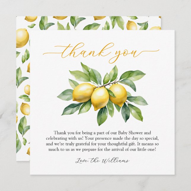 Vattenfärgning Citrus Lemon Baby Shower Tack Kort (Fram/baksida)