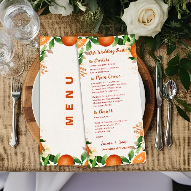 Vattenfärgning Citrus Orange bröllopsmiddagar Meny (Watercolor Citrus Orange Wedding Reception Dinner Menu)