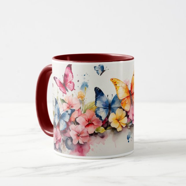 Vattenfärgning Cute Maroon Butterfly Flowers Mugg (Framsida vänster)