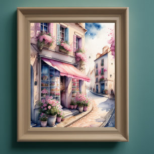 Vattenfärgning Färgmålning av Rosa Flower Shop Par Poster