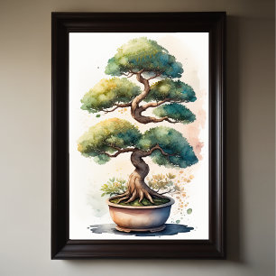 Vattenfärgning Färgning av Bonsai Träd i Pot Poster