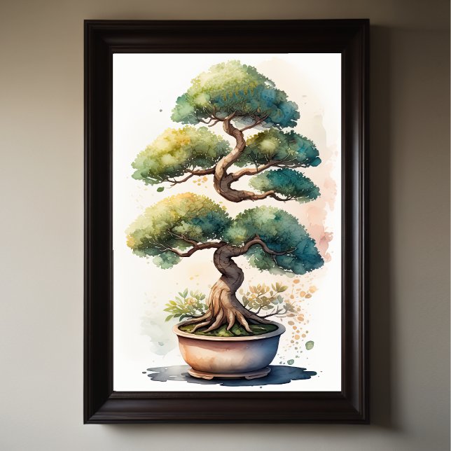 Vattenfärgning Färgning av Bonsai Träd i Pot Poster (Skapare uppladdad)