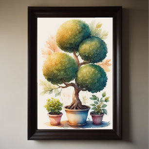 Vattenfärgning Färgning av Topiary Träd i Pot Poster