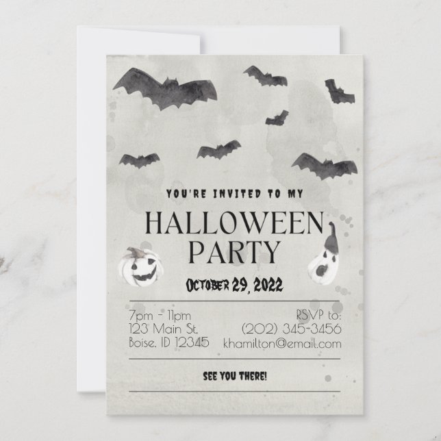 Vattenfärgning Fladdermöss Halloween fest Inbjudningar (Framsida)