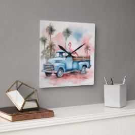Vattenfärgning Flamingo i Retro Blue Lastbil Fyrkantig Klocka