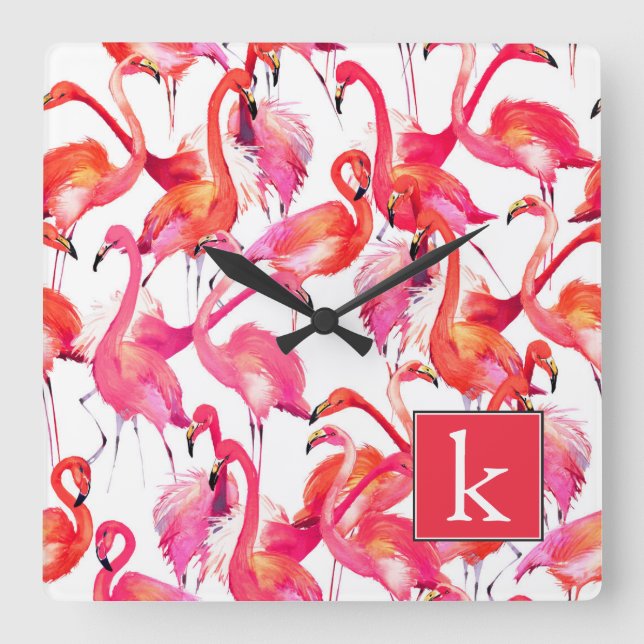 Vattenfärgning Flamingo i vattenfärger | Lägg till Fyrkantig Klocka (Framsida)