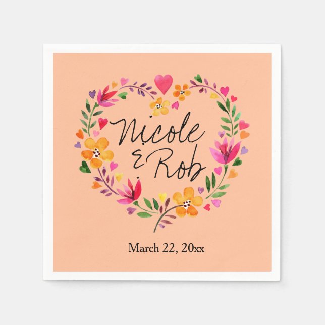 Vattenfärgning Floter Hjärtkrans Bröllop | persiko Pappersservett (Framsidan)