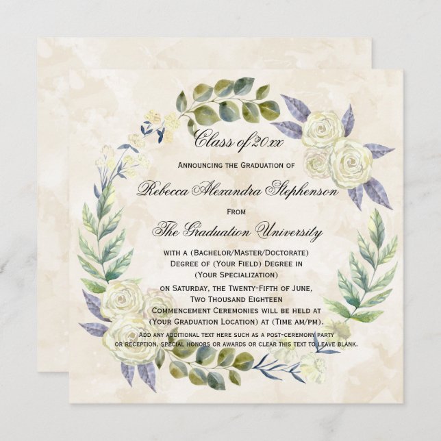 Vattenfärgning Flower WAN College Graduktion i kva Inbjudningar (Fram/baksida)