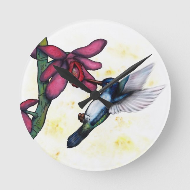 Vattenfärgning, flygande flingfågel och orchid rund klocka (Framsida)