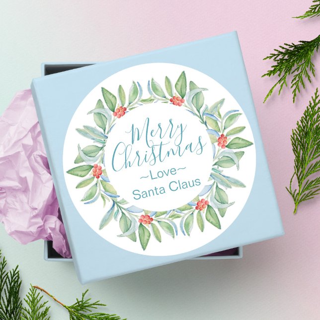 Vattenfärgning God jul - etikett (Christmas stickers watercolor botanical holly and berries art by Victoria Grigaliunas)