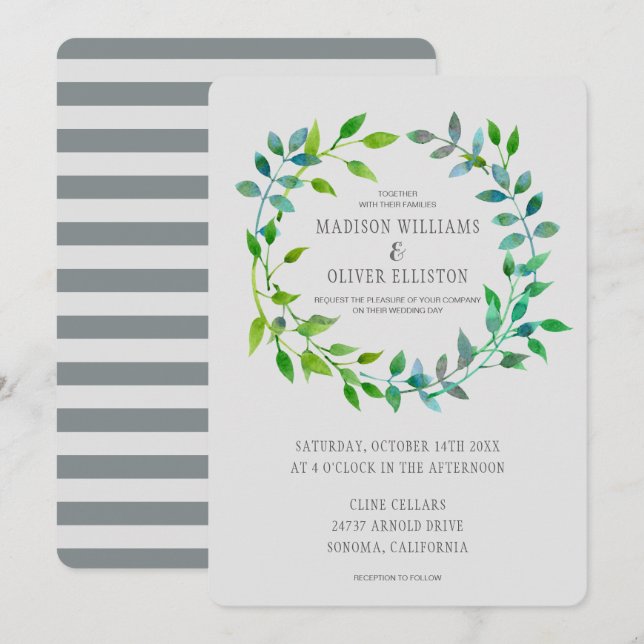 Vattenfärgning Grönt Löv Wandeans | BRÖLLOP Inbjudningar (Fram/baksida)