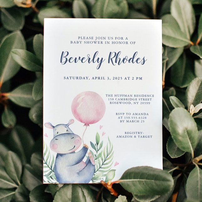 Vattenfärgning Hippo Baby Shower Inbjudningar (Sweet Watercolor Hippo with Pink Balloon Baby Shower Invitation)