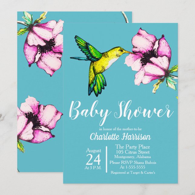 Vattenfärgning Hummingbird & Lila Flower Baby Show Inbjudningar (Fram/baksida)