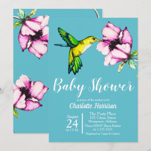 Vattenfärgning Hummingbird & Lila Flower Baby Show Inbjudningar