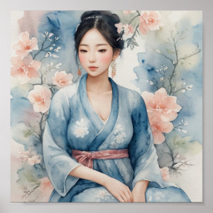 Vattenfärgning i asiatisk kvinna Poster