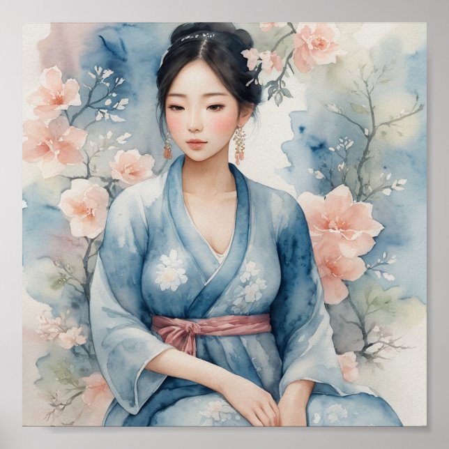 Vattenfärgning i asiatisk kvinna Poster (Framsidan)