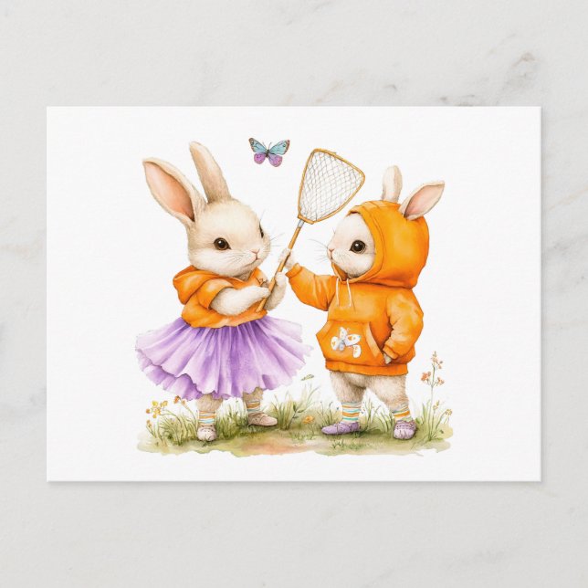 Vattenfärgning Illustration of Two Bunnies Catchin Vykort (Framsida)