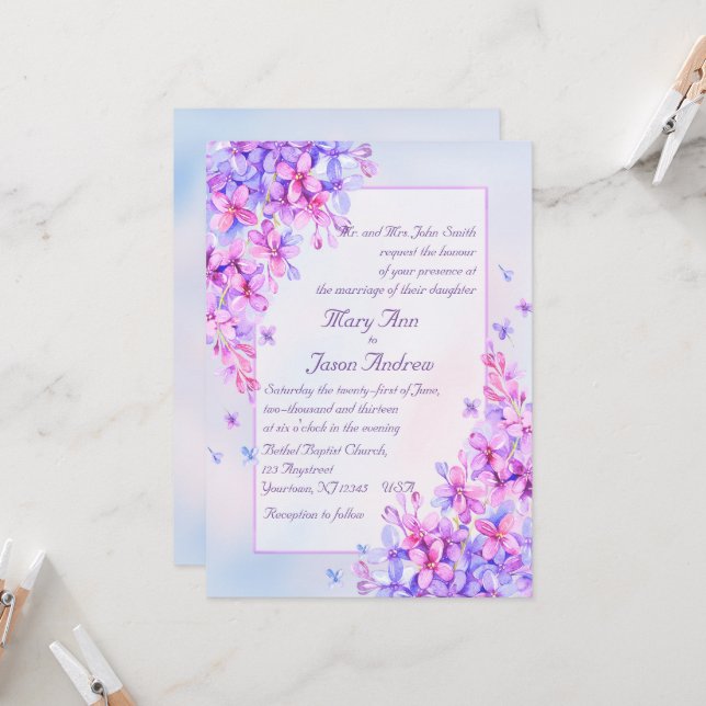 Vattenfärgning Lila Lilac Flower Bröllop 5x7 Inbju Inbjudningar (Fram/Back In Situ)