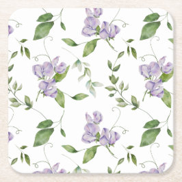 Vattenfärgning Lila Sweet Pea Flowers Underlägg Papper Kvadrat