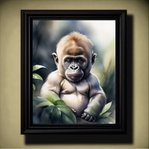 Vattenfärgning Målning av Baby Gorilla 5:4 Poster