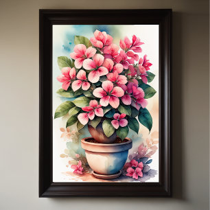 Vattenfärgning Målning av Bouganvillea i Pot Rosa Poster