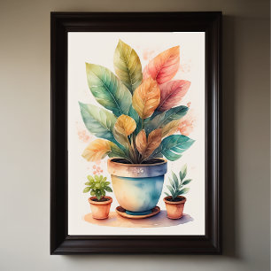 Vattenfärgning Målning av House Plant i Pot Poster