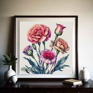 Vattenfärgning Målning av Rosa Carnations Poster