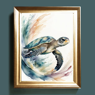 Vattenfärgning Målning av Sea Turtle Muted Färg II Poster