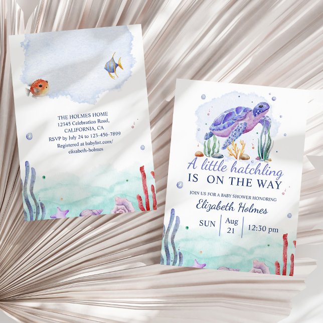 Vattenfärgning Nautical Turtle Baby Shower Inbjudningar (Watercolor Nautical Turtle Baby Shower Invitation on a sunny neutral dry palm leaf.)