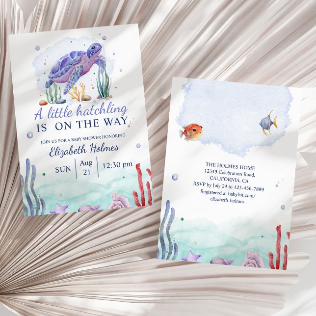 Vattenfärgning Nautical Turtle Baby Shower Inbjudningar (Watercolor Nautical Turtle Baby Shower Invitation on a sunny white dry palm leaf.)