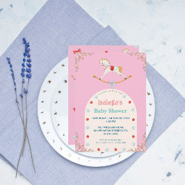 Vattenfärgning Rocking Horse Rosa Baby Shower Inbjudningar