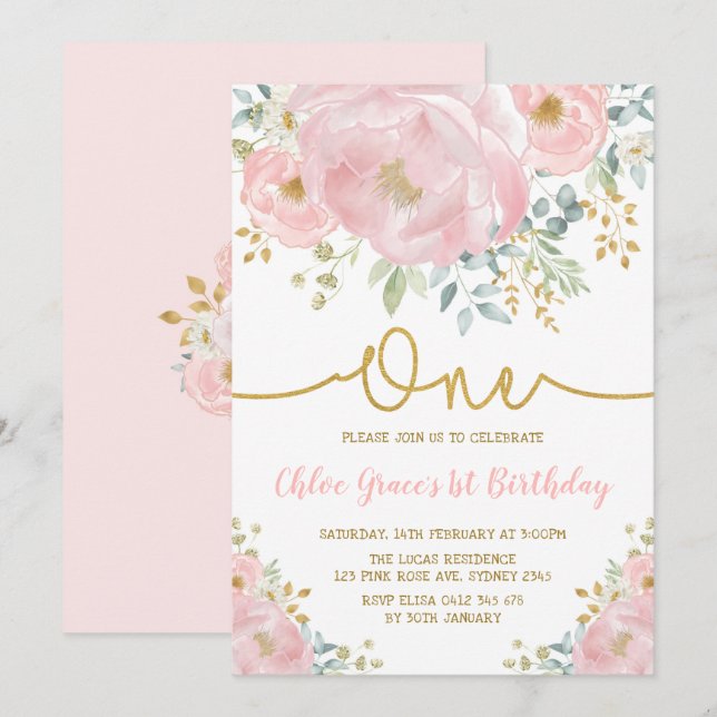 Vattenfärgning Rosa  Blommigt 1:a födelsedagen Par Inbjudningar (Fram/baksida)