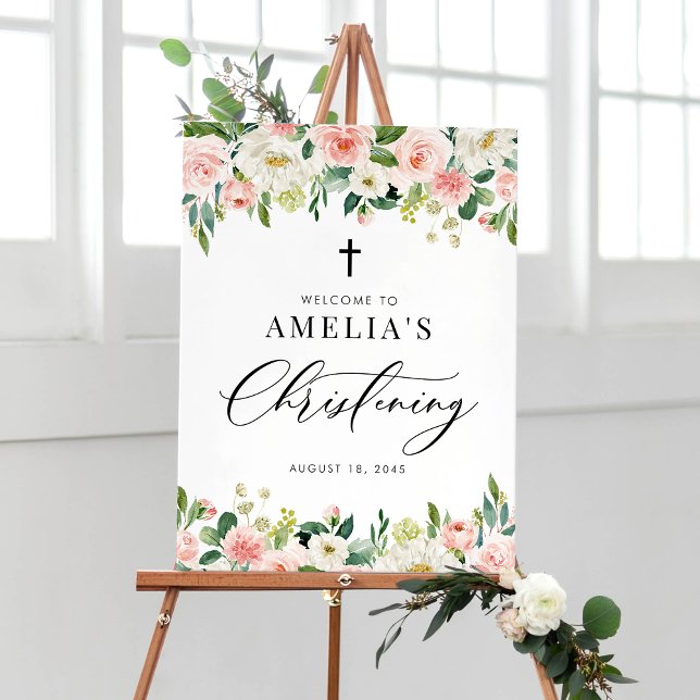Vattenfärgning  Rosa Blommigt Garland Christening Poster (Watercolor White and Blush Pink Floral Garland Christening Welcome Sign)