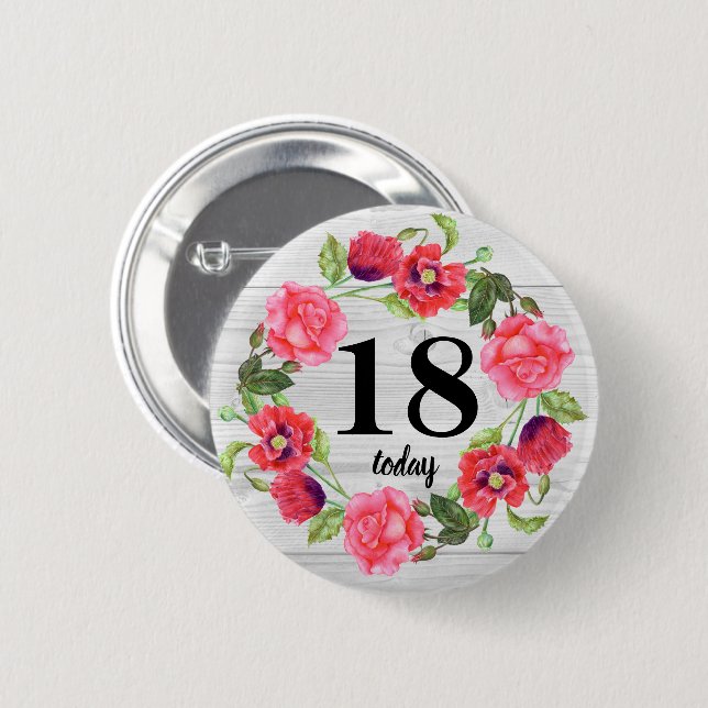 Vattenfärgning Rosa Blommor Circle Wandringsdesign Knapp (Framsida & baksida)