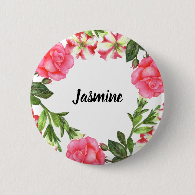 Vattenfärgning Rosa Blommor Circle Wandringsdesign Knapp (Framsida)